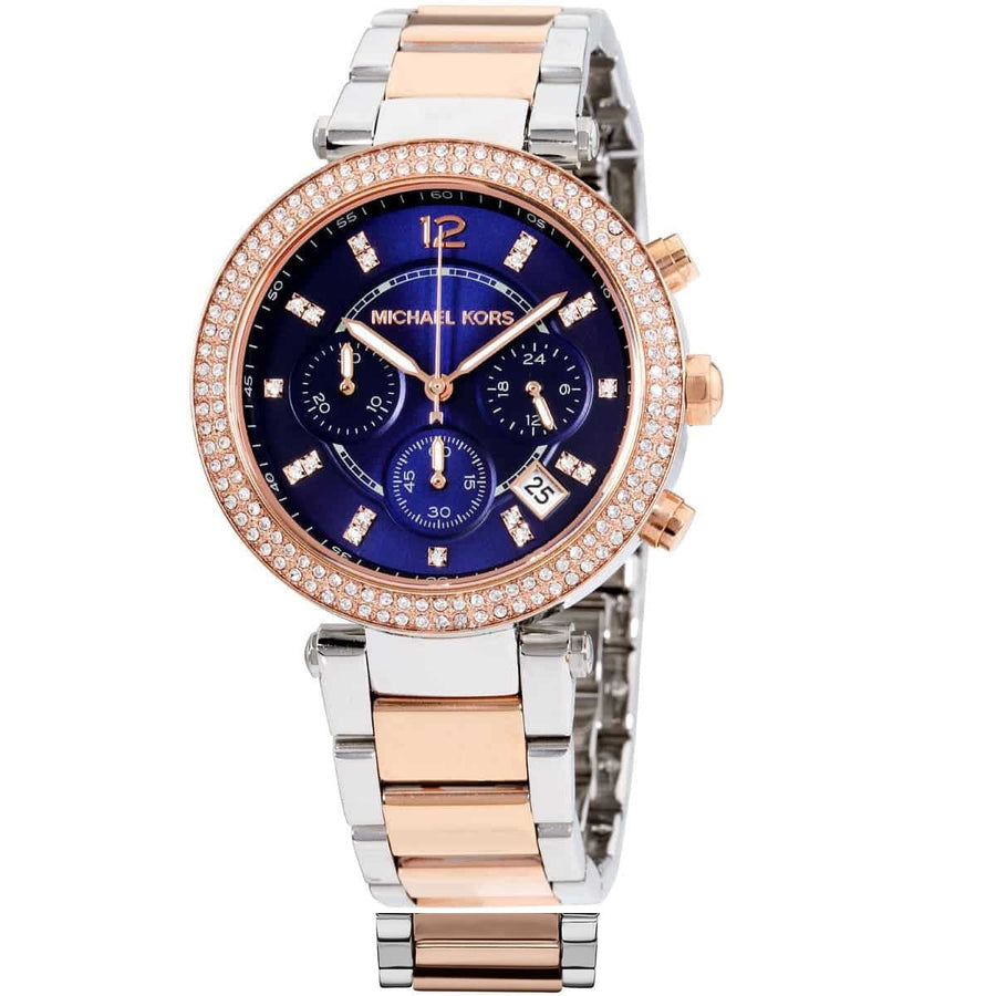Front view of Michael Kors MK6141 women's two-tone watch with deep blue dial