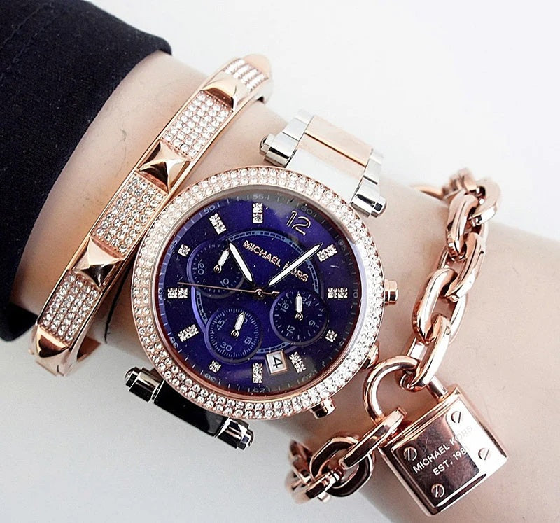 Front view of Michael Kors MK6141 women's two-tone watch with deep blue dial