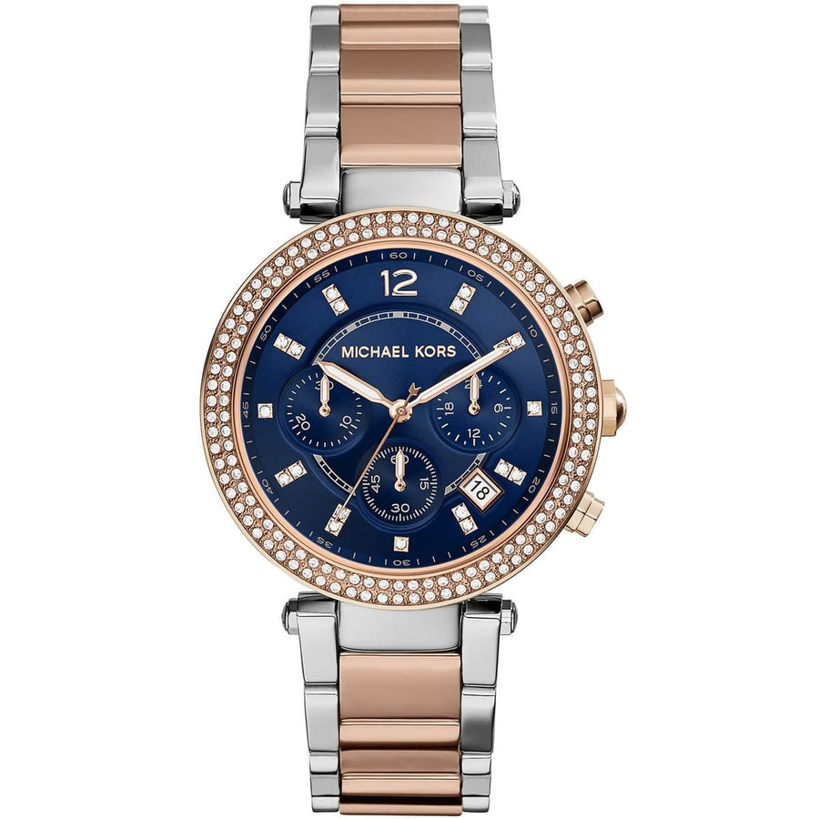 Front view of Michael Kors MK6141 women's two-tone watch with deep blue dial