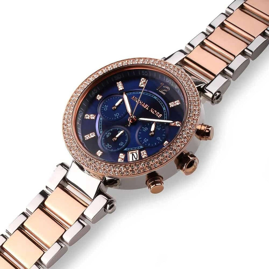 Front view of Michael Kors MK6141 women's two-tone watch with deep blue dial