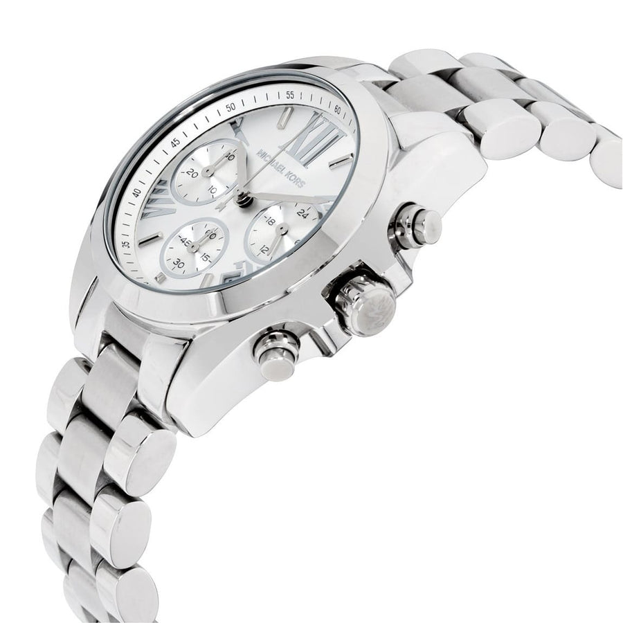 Front view of Michael Kors MK6174 women's silver watch with tone-on-tone silver dial