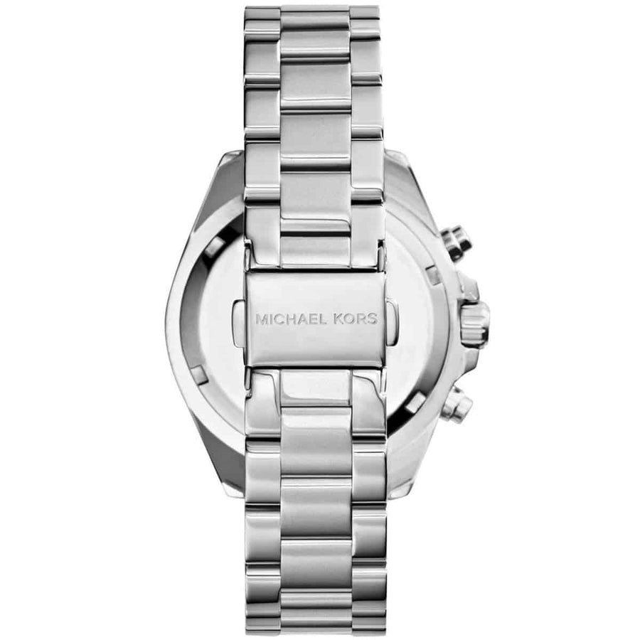 Front view of Michael Kors MK6174 women's silver watch with tone-on-tone silver dial