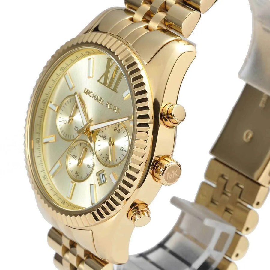 Front view of Michael Kors MK8281 men's gold watch with gold dial and stainless steel strap
