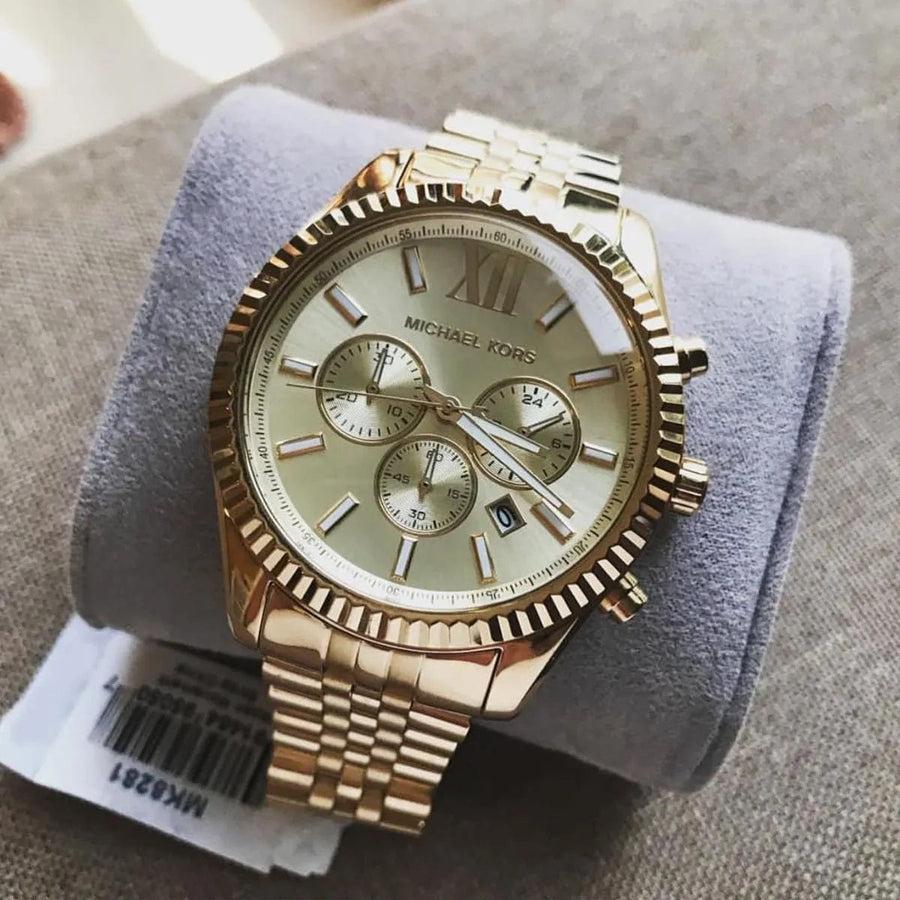 Front view of Michael Kors MK8281 men's gold watch with gold dial and stainless steel strap