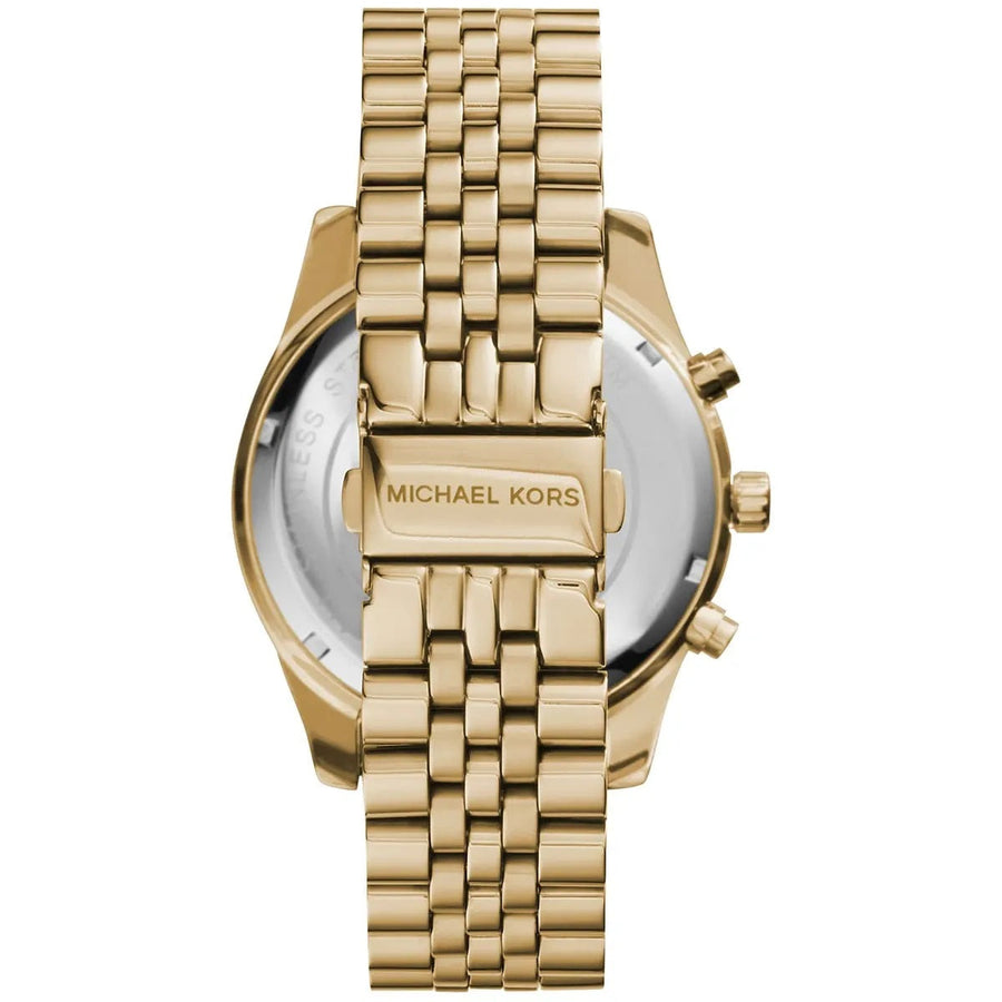 Front view of Michael Kors MK8281 men's gold watch with gold dial and stainless steel strap