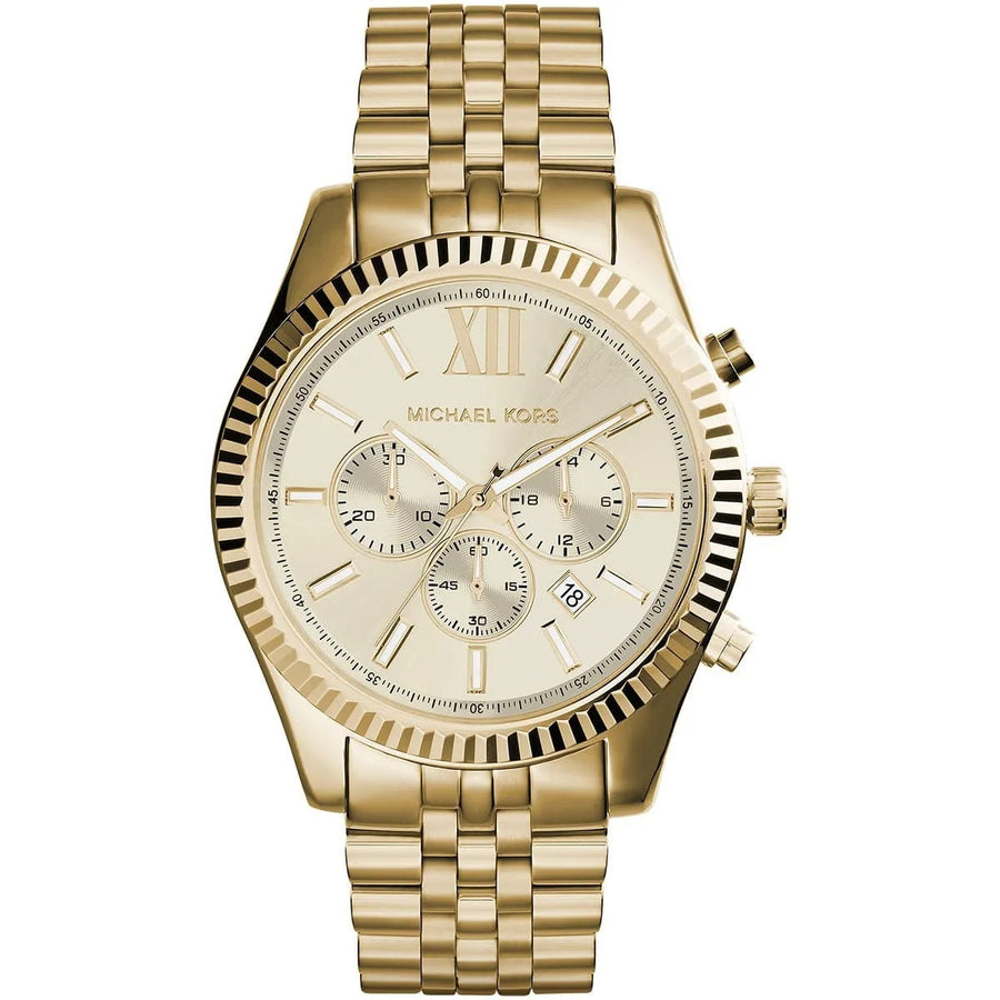 Front view of Michael Kors MK8281 men's gold watch with gold dial and stainless steel strap