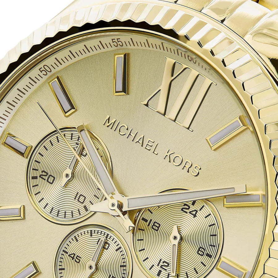 Front view of Michael Kors MK8281 men's gold watch with gold dial and stainless steel strap