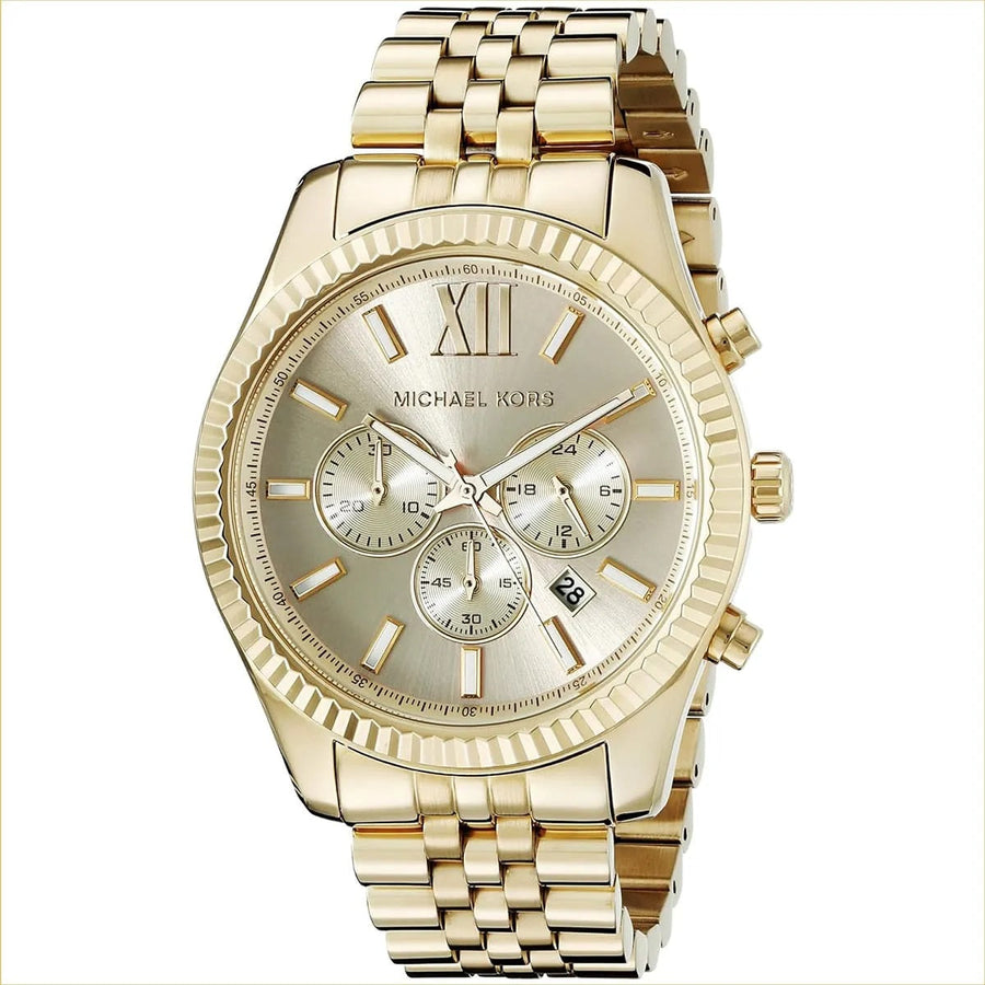Front view of Michael Kors MK8281 men's gold watch with gold dial and stainless steel strap