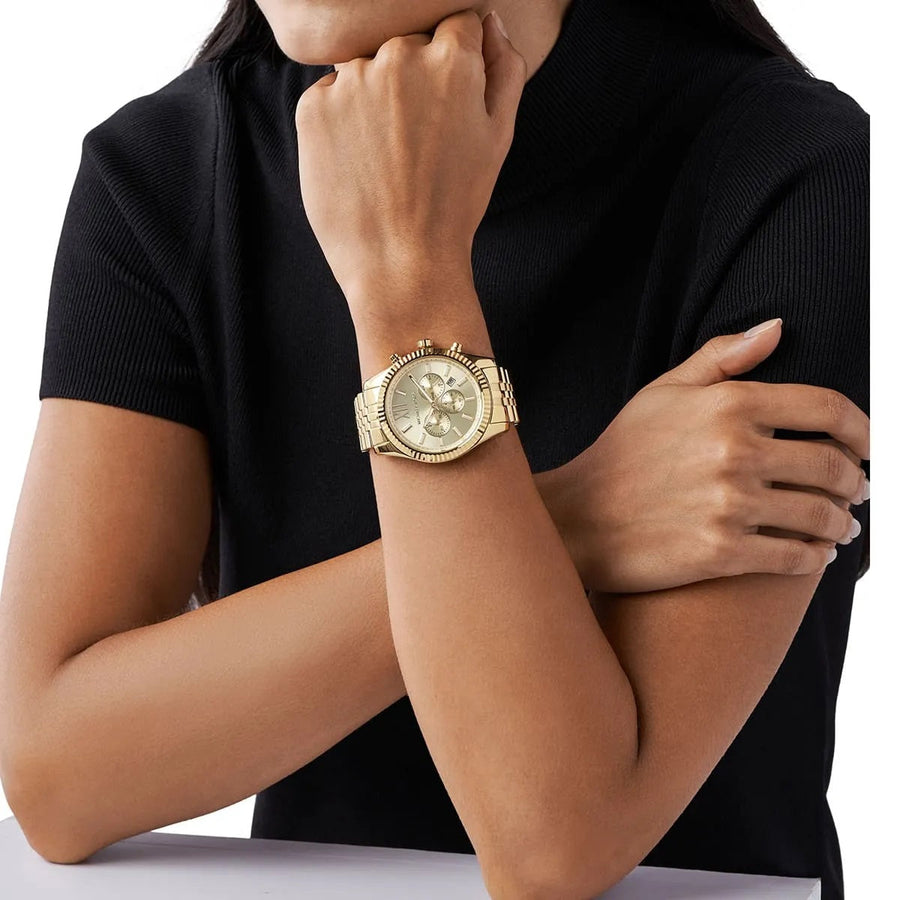 Front view of Michael Kors MK8281 men's gold watch with gold dial and stainless steel strap