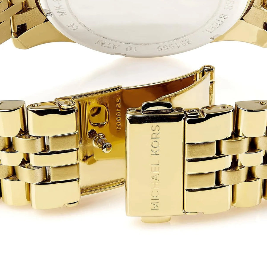 Front view of Michael Kors MK8281 men's gold watch with gold dial and stainless steel strap