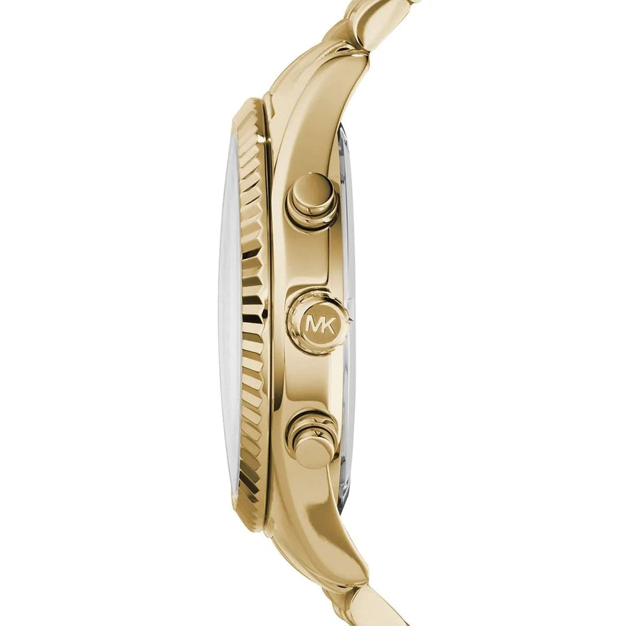Front view of Michael Kors MK8281 men's gold watch with gold dial and stainless steel strap