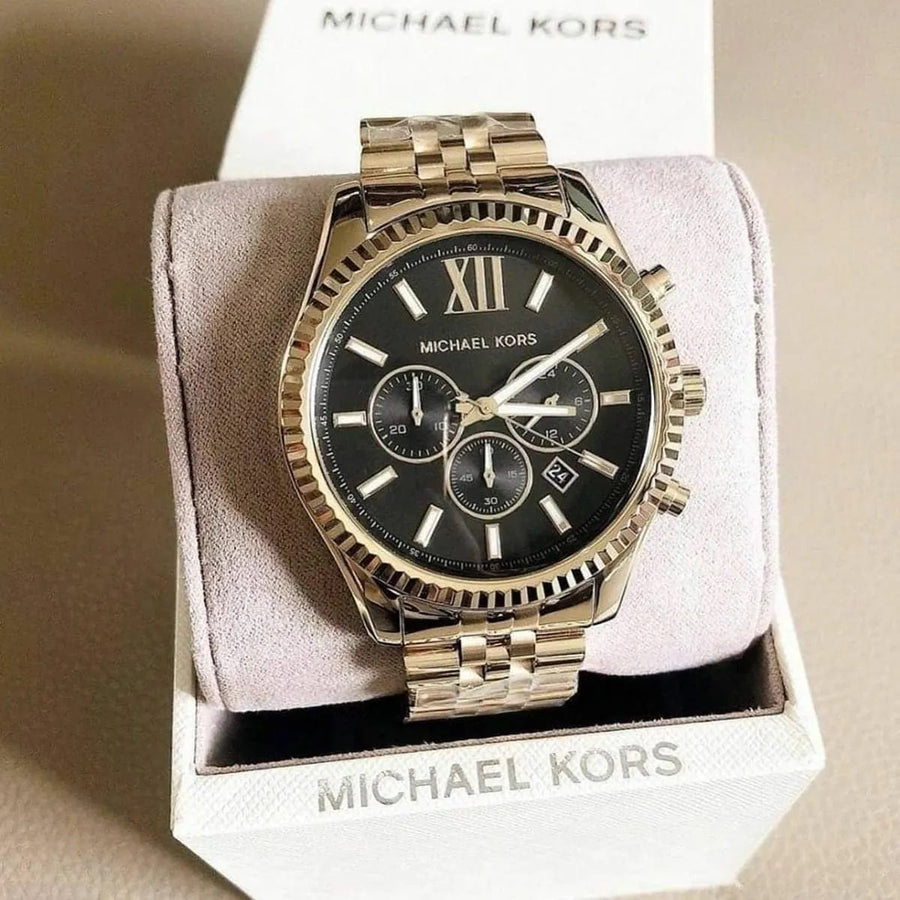 Front view of Michael Kors MK8286 men's watch with black dial and gold stainless steel strap
