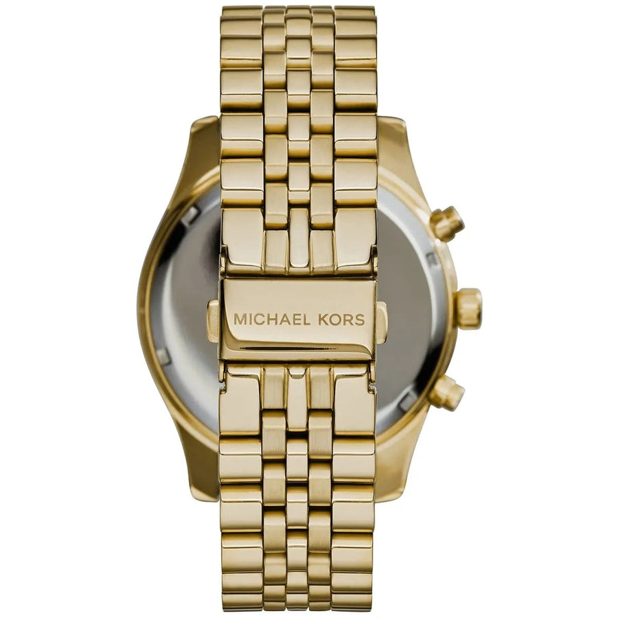 Front view of Michael Kors MK8286 men's watch with black dial and gold stainless steel strap