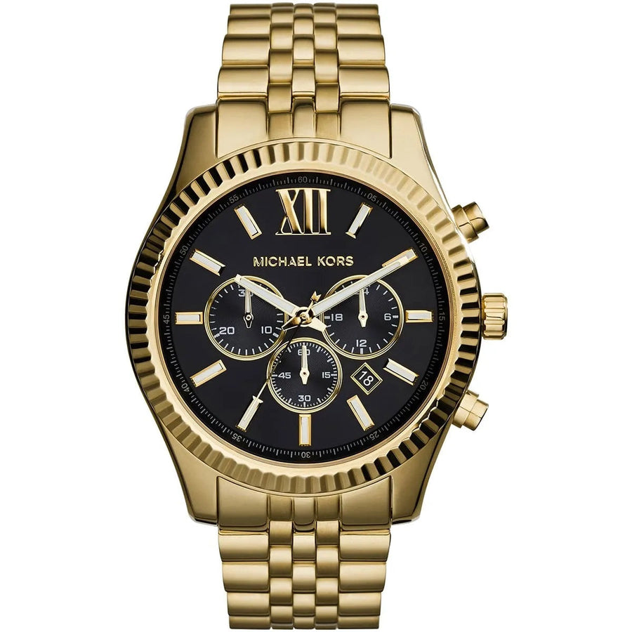 Front view of Michael Kors MK8286 men's watch with black dial and gold stainless steel strap