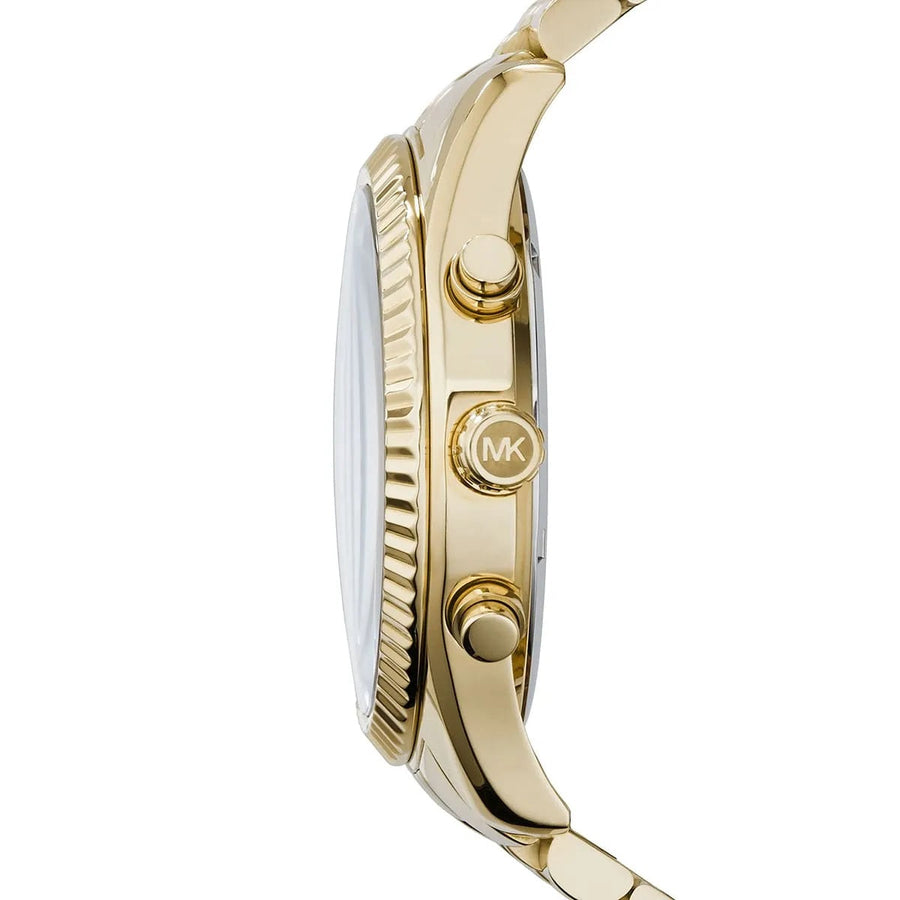 Front view of Michael Kors MK8286 men's watch with black dial and gold stainless steel strap
