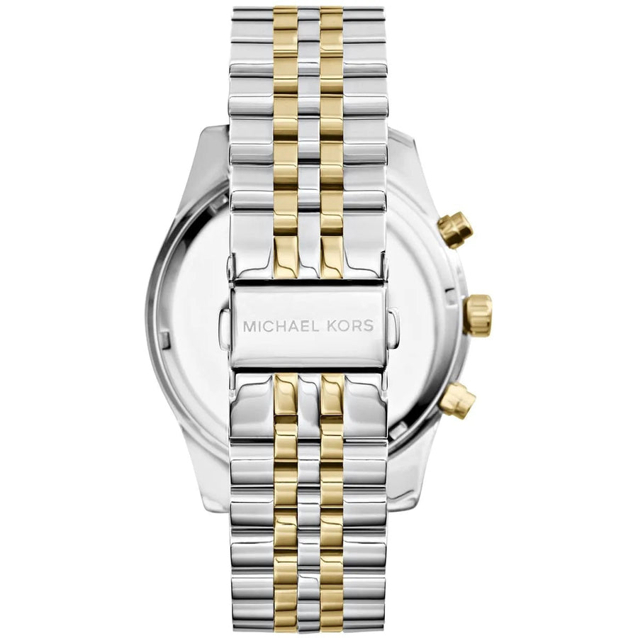 Front view of Michael Kors MK8344 men's watch with two-tone silver and gold strap and silver dial