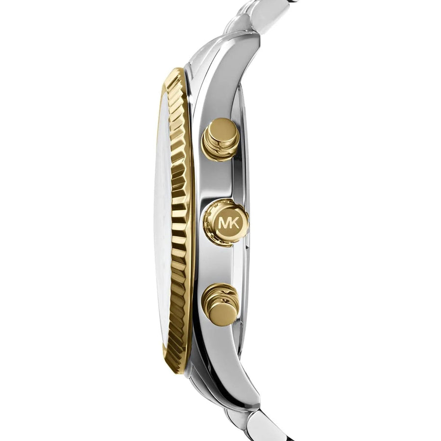 Front view of Michael Kors MK8344 men's watch with two-tone silver and gold strap and silver dial