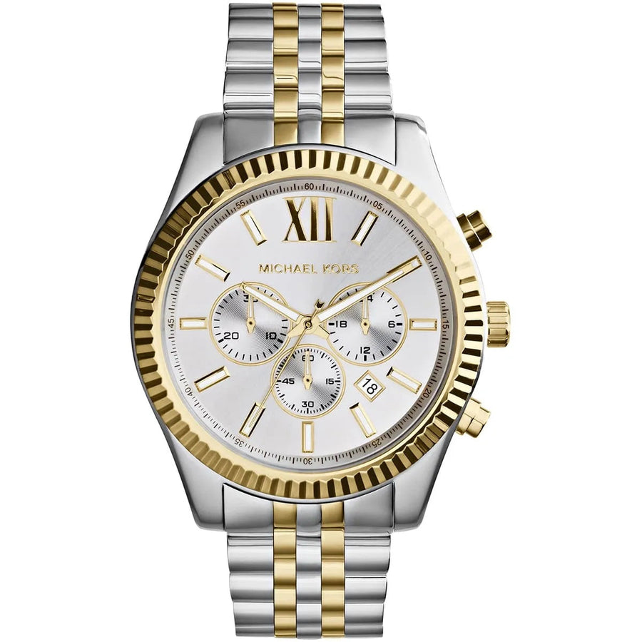 Front view of Michael Kors MK8344 men's watch with two-tone silver and gold strap and silver dial