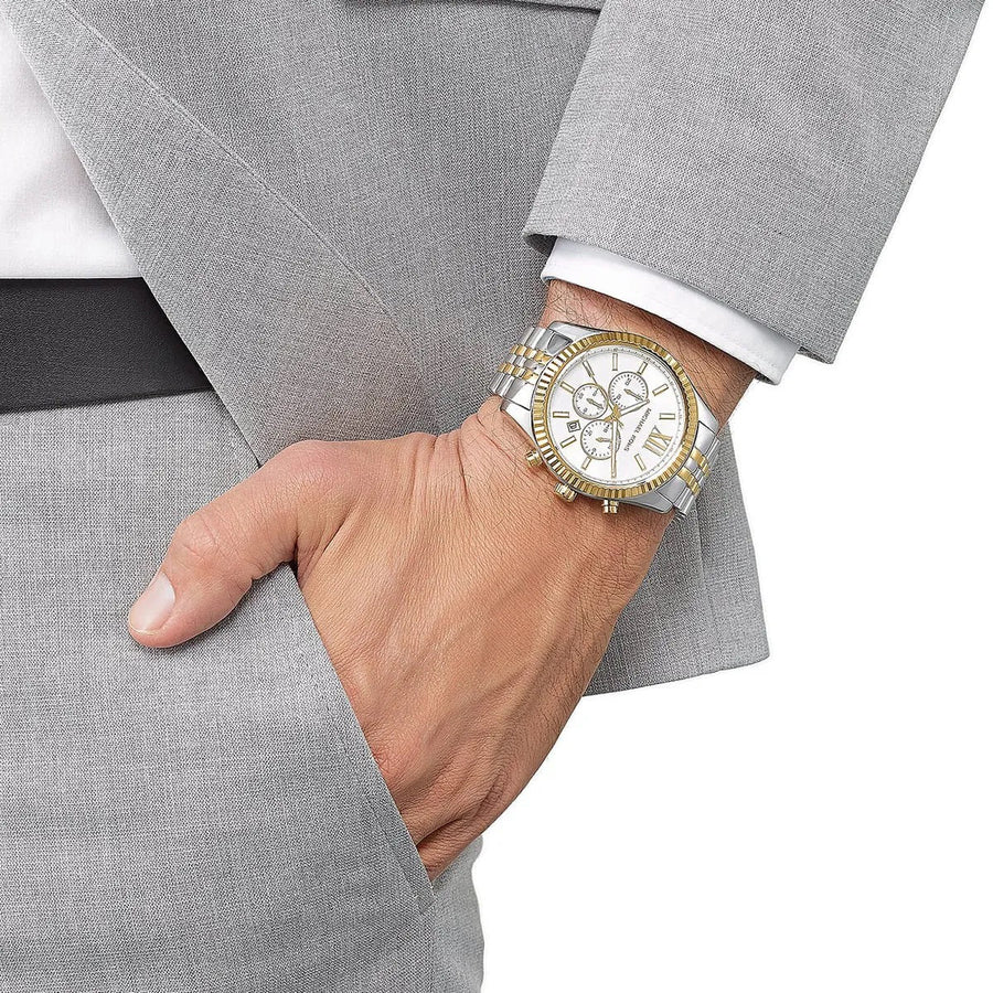 Front view of Michael Kors MK8344 men's watch with two-tone silver and gold strap and silver dial