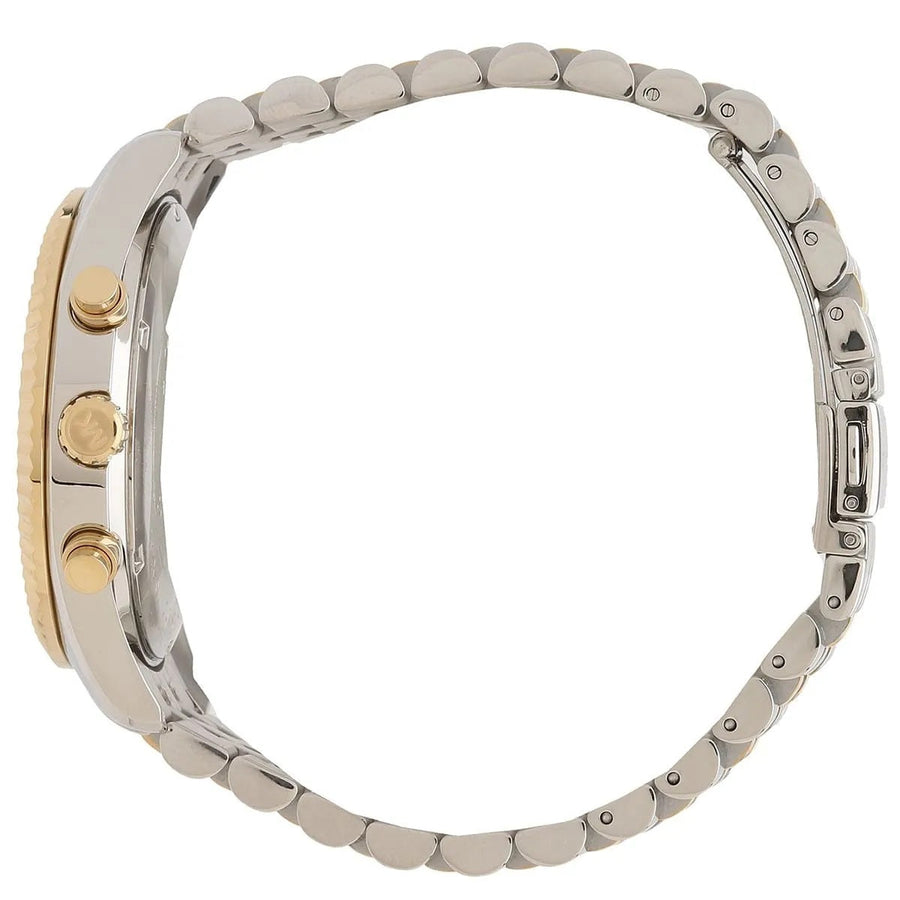 Front view of Michael Kors MK8344 men's watch with two-tone silver and gold strap and silver dial