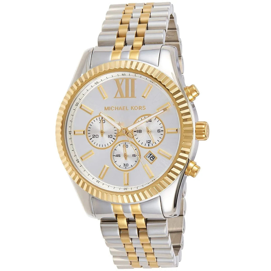 Front view of Michael Kors MK8344 men's watch with two-tone silver and gold strap and silver dial