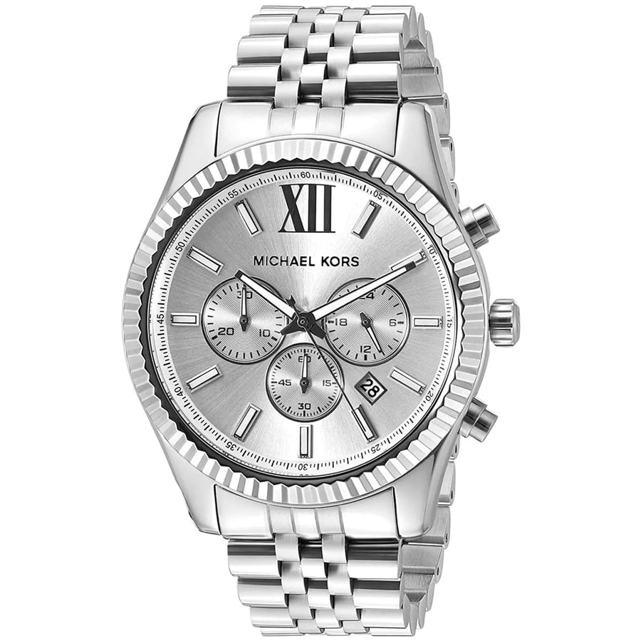 Front view of Michael Kors MK8405 men's silver watch with silver dial and stainless steel strap