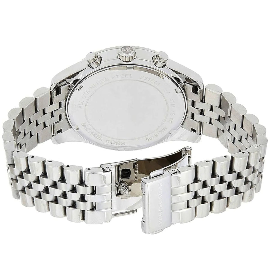 Front view of Michael Kors MK8405 men's silver watch with silver dial and stainless steel strap