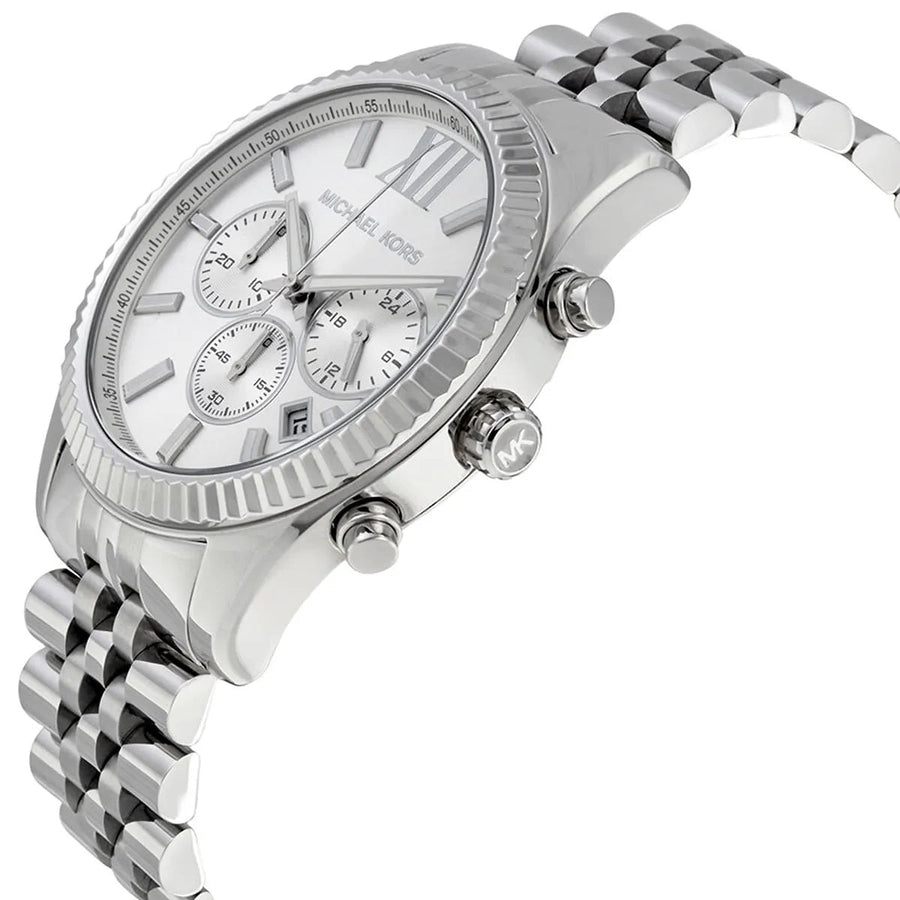 Front view of Michael Kors MK8405 men's silver watch with silver dial and stainless steel strap