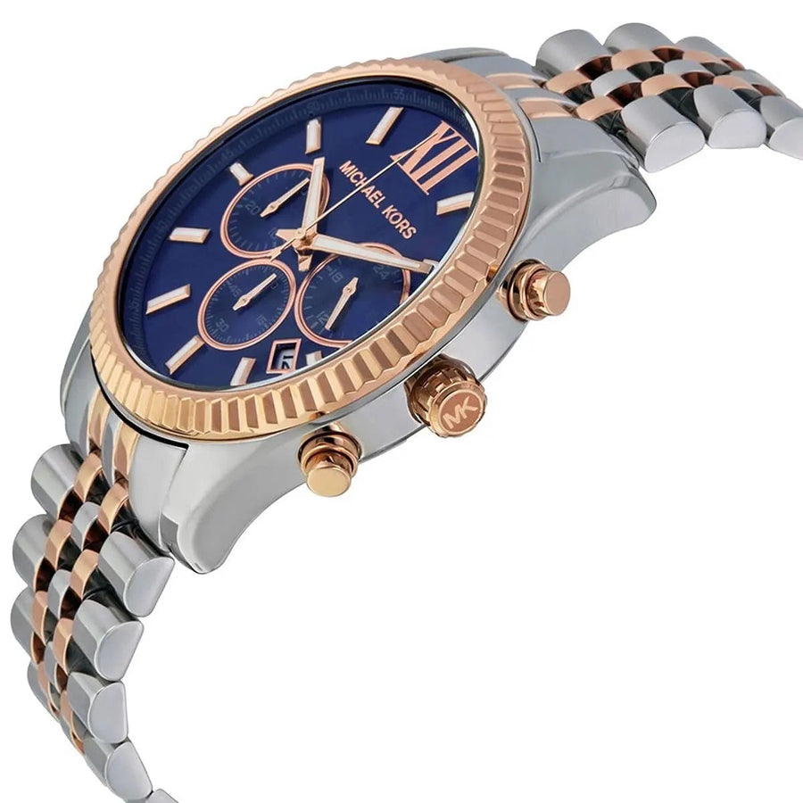 Front view of Michael Kors MK8412 men's watch with blue dial and two-tone silver-rose gold strap