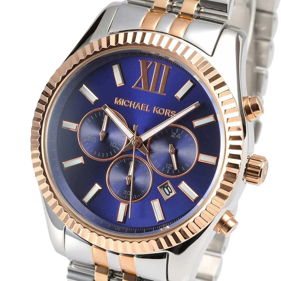 Front view of Michael Kors MK8412 men's watch with blue dial and two-tone silver-rose gold strap