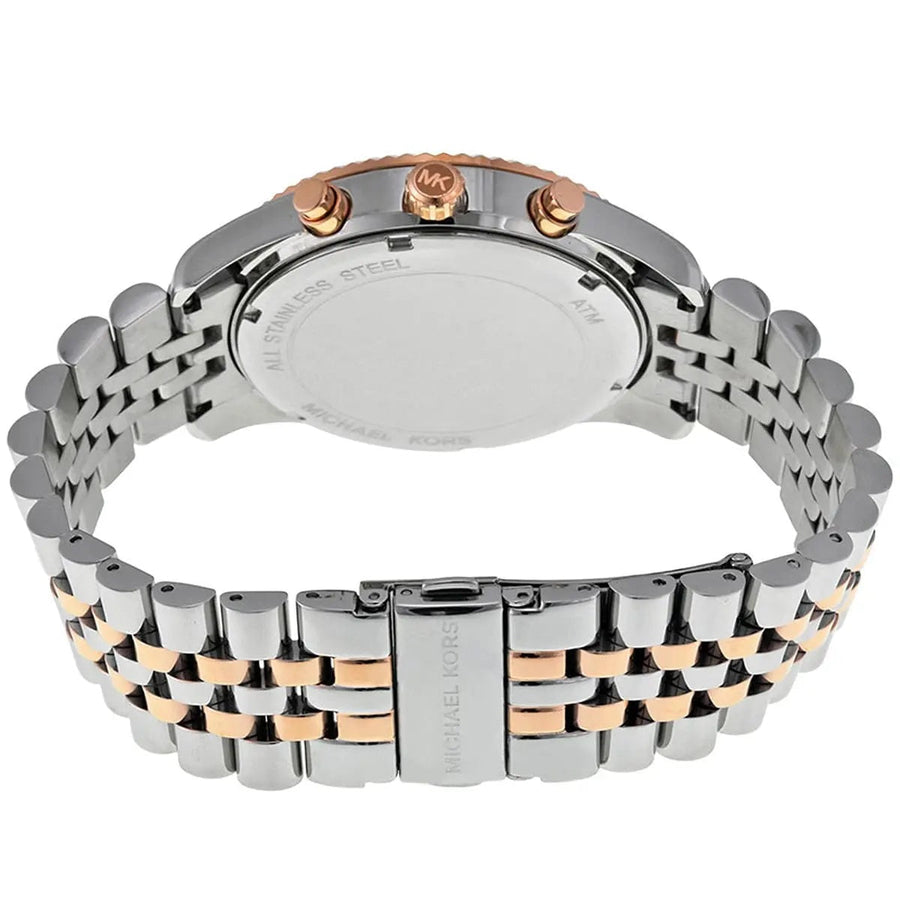 Front view of Michael Kors MK8412 men's watch with blue dial and two-tone silver-rose gold strap