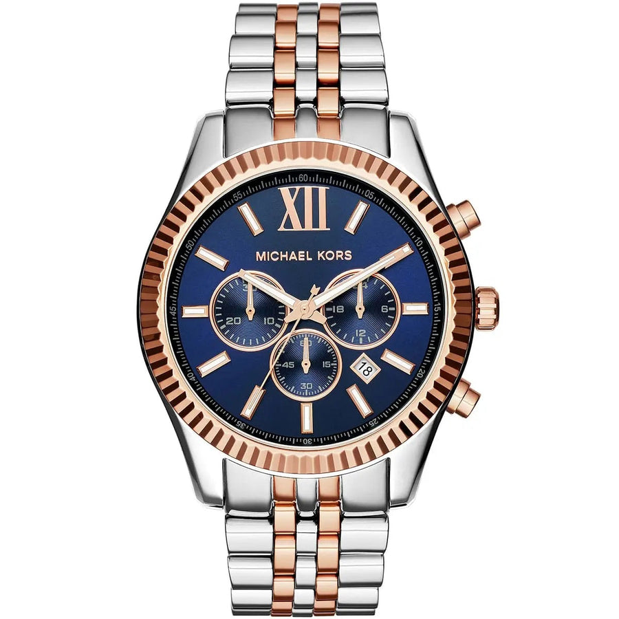 Front view of Michael Kors MK8412 men's watch with blue dial and two-tone silver-rose gold strap
