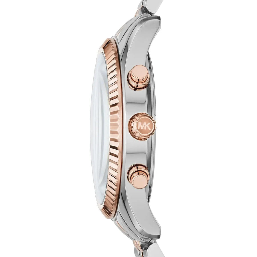 Front view of Michael Kors MK8412 men's watch with blue dial and two-tone silver-rose gold strap