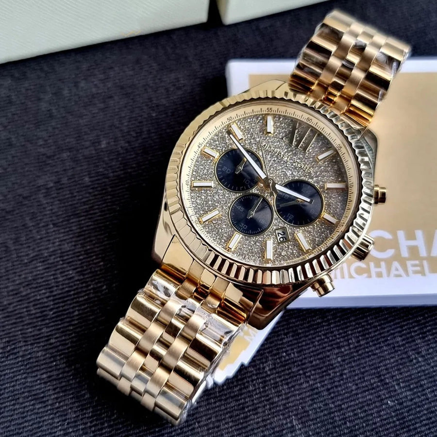 Front view of Michael Kors MK8494 men's gold watch with pavé crystal dial