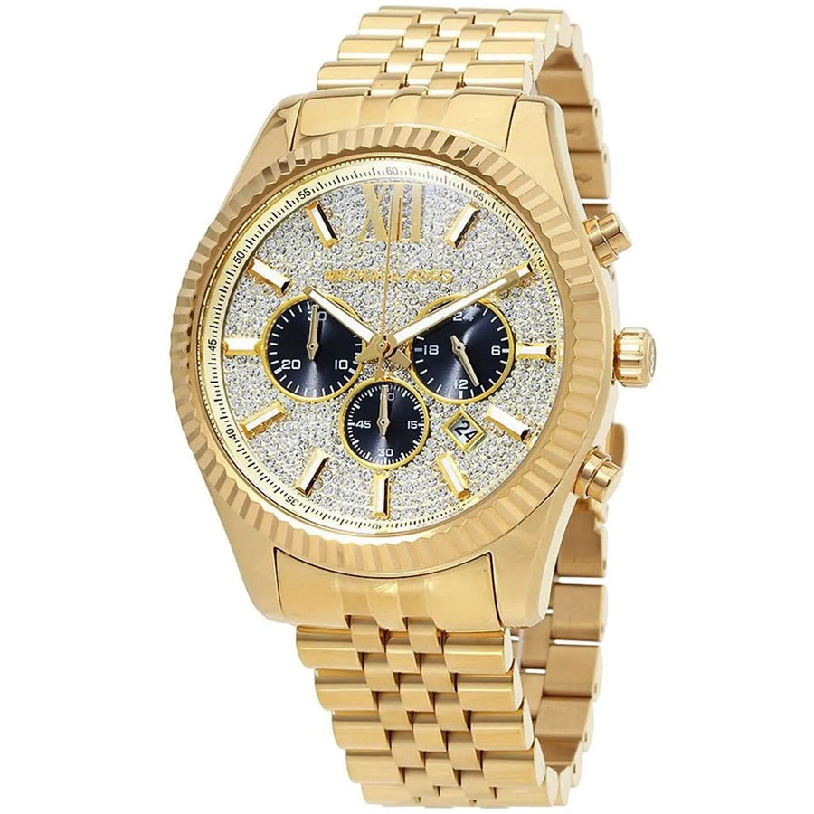 Front view of Michael Kors MK8494 men's gold watch with pavé crystal dial