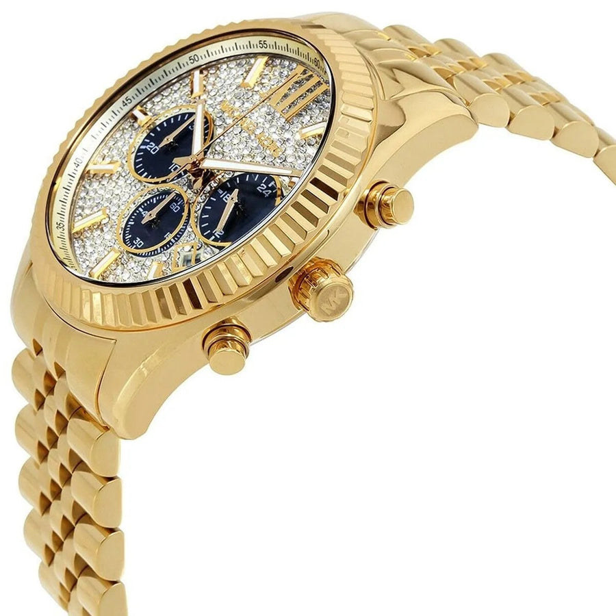 Front view of Michael Kors MK8494 men's gold watch with pavé crystal dial