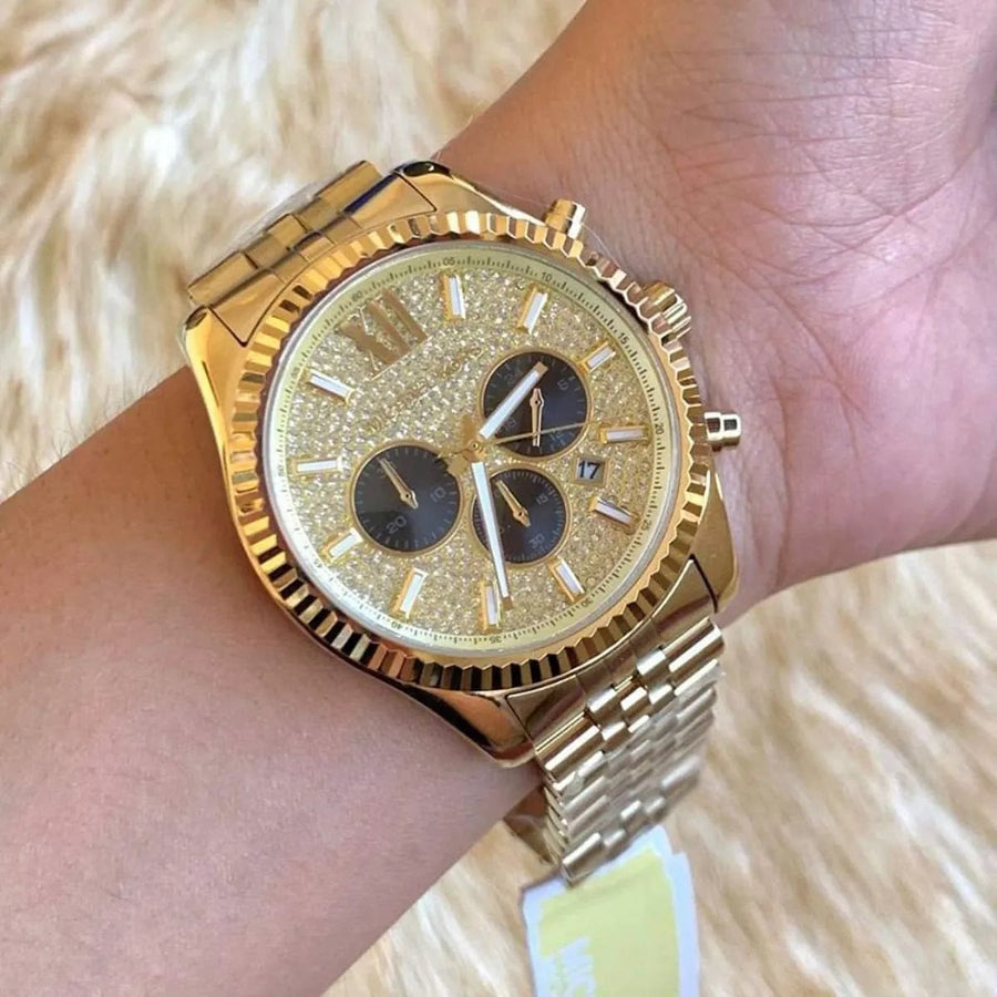 Front view of Michael Kors MK8494 men's gold watch with pavé crystal dial