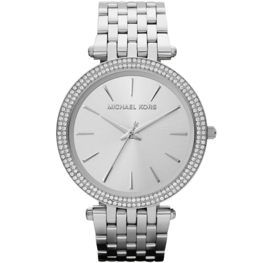 Front view of Michael Kors MK3190 women’s watch with silver strap and silver dial