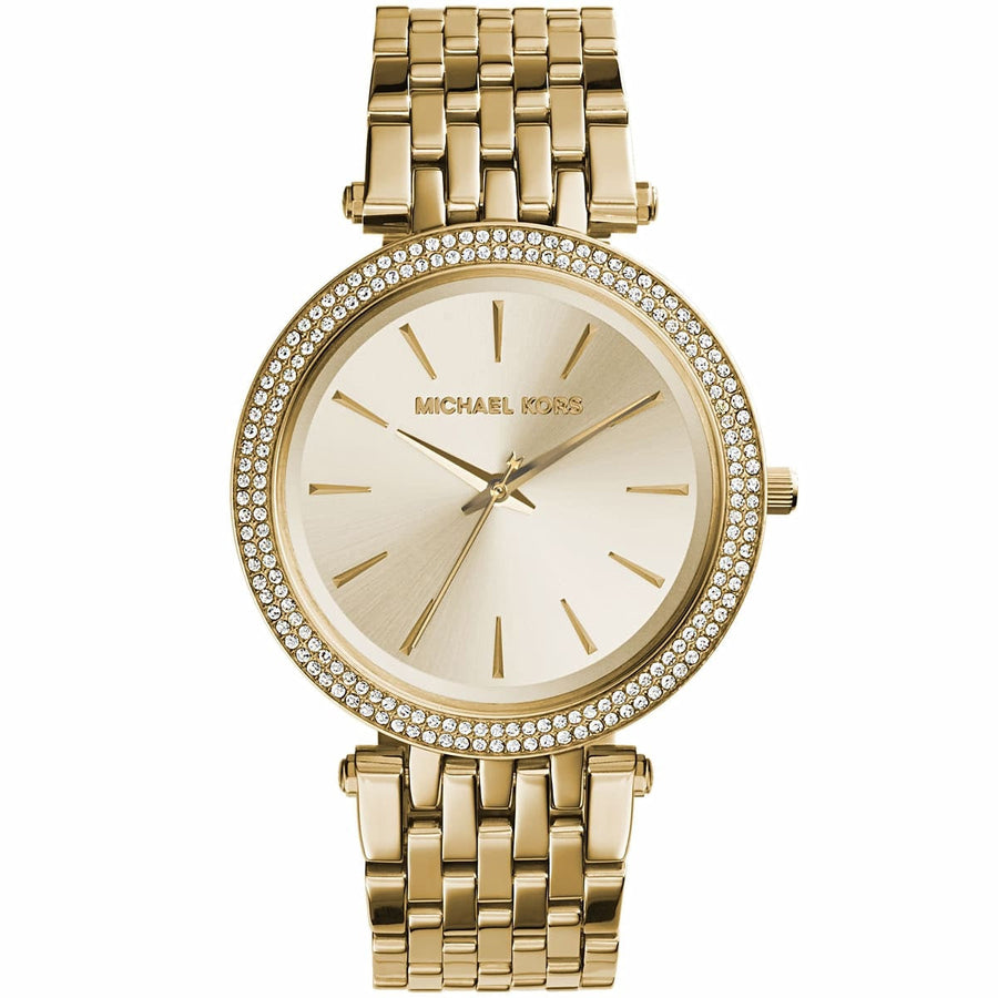Front view of Michael Kors MK3191 women's watch with gold stainless steel strap, gold dial, and crystals