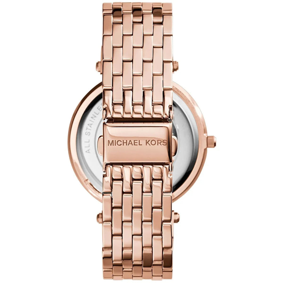Front view of Michael Kors MK3192 women's watch with rose gold strap, rose gold dial, and crystals