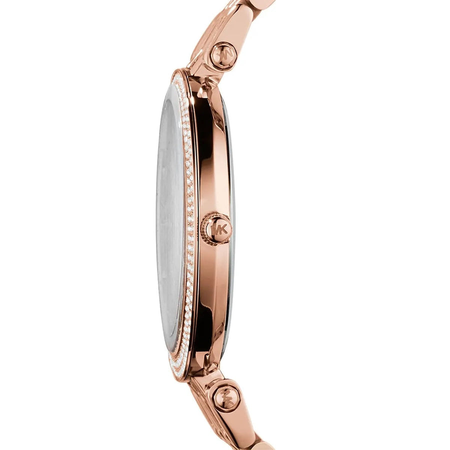 Front view of Michael Kors MK3192 women's watch with rose gold strap, rose gold dial, and crystals