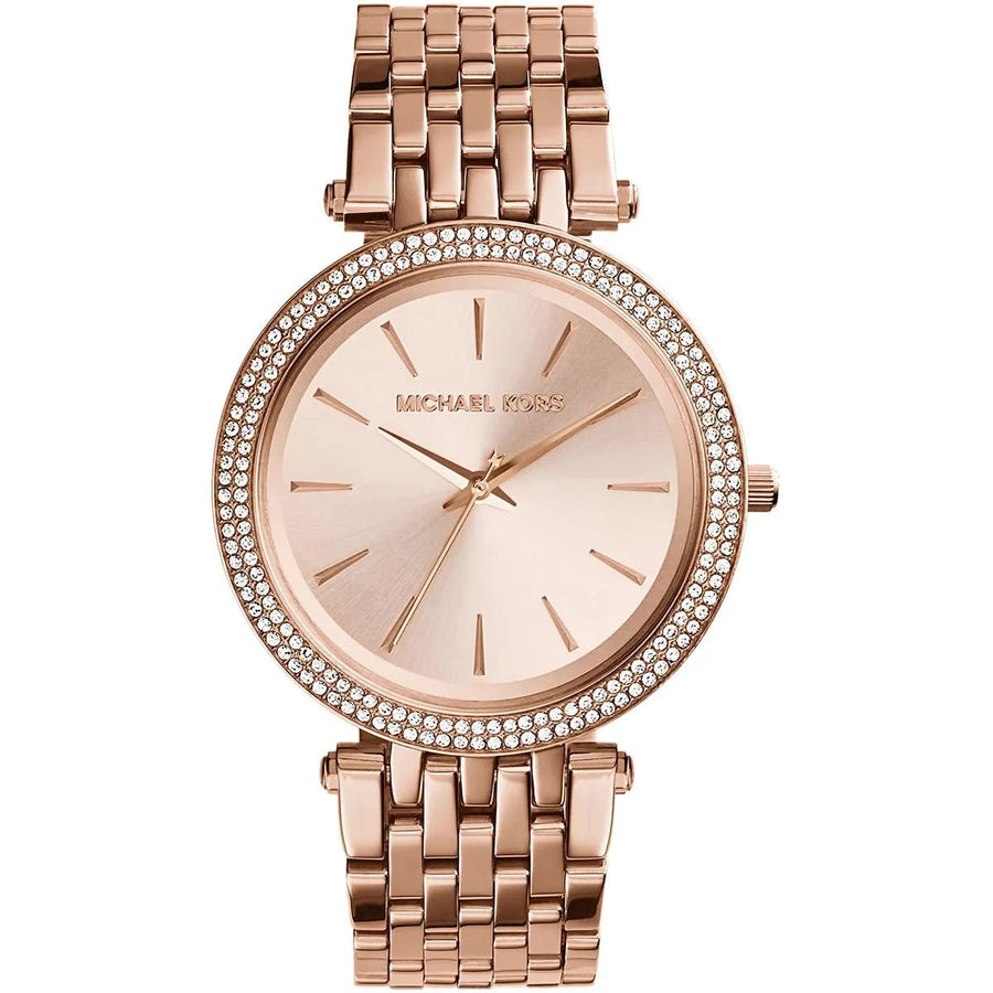 Front view of Michael Kors MK3192 women's watch with rose gold strap, rose gold dial, and crystals