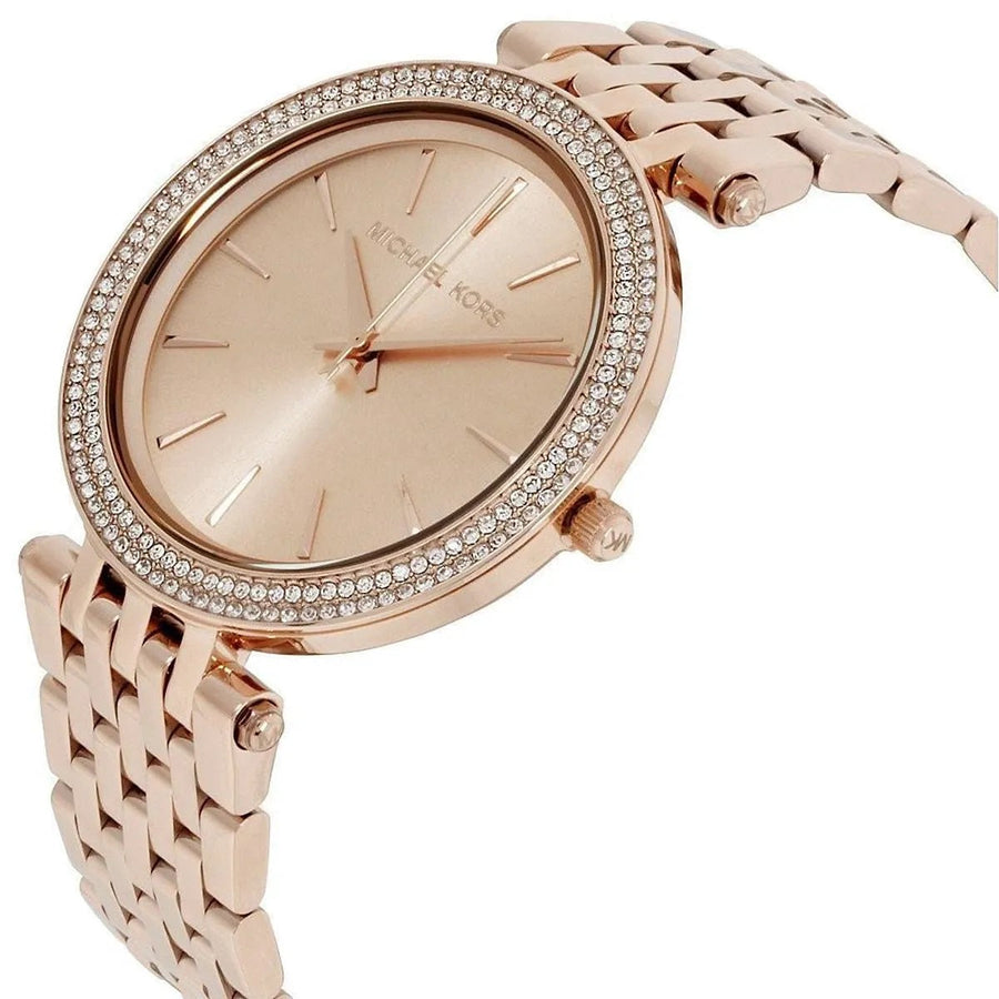 Front view of Michael Kors MK3192 women's watch with rose gold strap, rose gold dial, and crystals