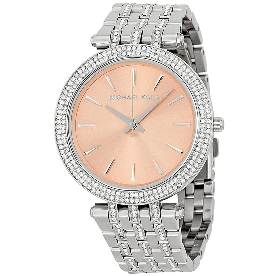 Front view of Michael Kors MK3218 women’s watch with stainless steel silver strap and beige dial, featuring crystals for added elegance