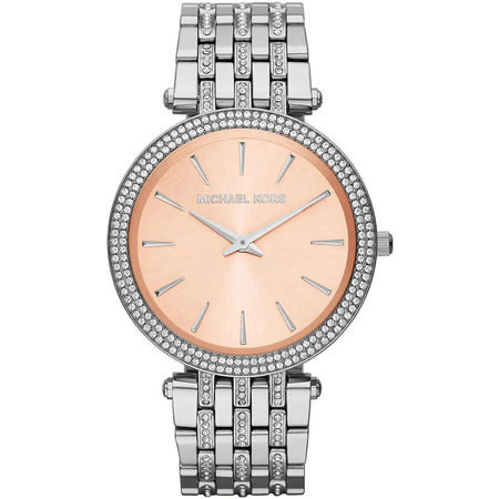 Front view of Michael Kors MK3218 women’s watch with stainless steel silver strap and beige dial, featuring crystals for added elegance