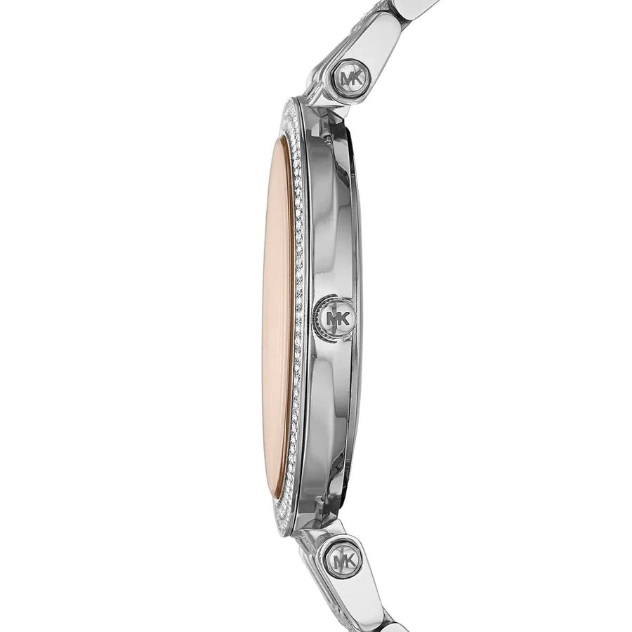 Front view of Michael Kors MK3218 women’s watch with stainless steel silver strap and beige dial, featuring crystals for added elegance