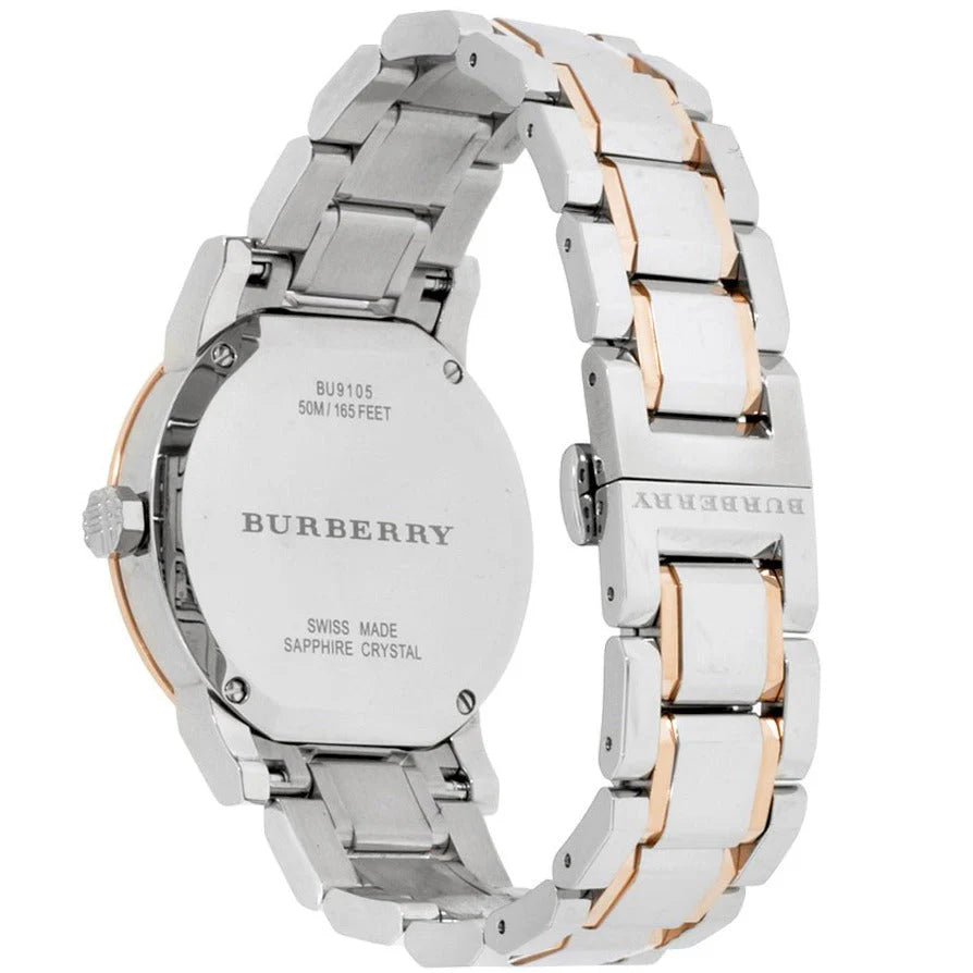 Burberry BU9105 Silver With Rose Gold Tone Stainless Steel Strap And Silver Dial Watch For Women