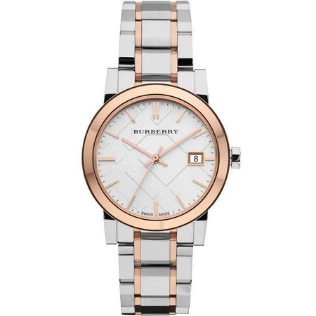 Burberry BU9105 Silver With Rose Gold Tone Stainless Steel Strap And Silver Dial Watch For Women