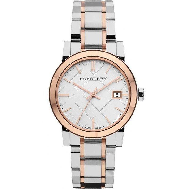 Burberry BU9105 Silver With Rose Gold Tone Stainless Steel Strap And Silver Dial Watch For Women