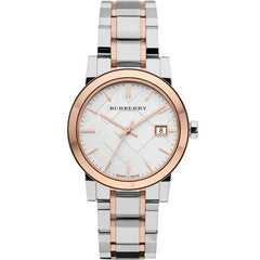 Burberry BU9105 Silver With Rose Gold Tone Stainless Steel Strap And Silver Dial Watch For Women